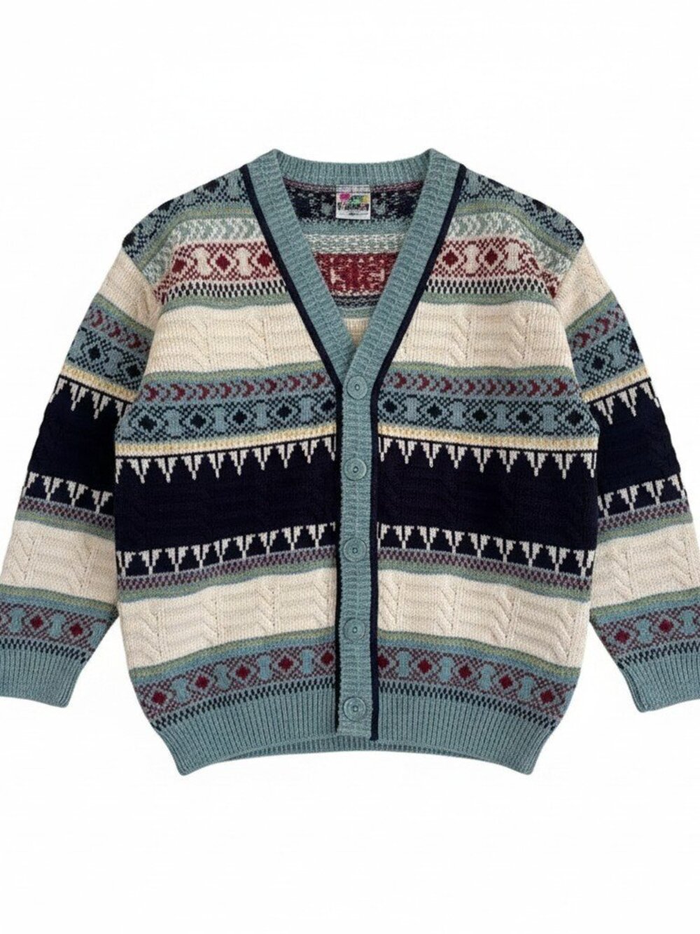Vintage Youth Cardigan Sweater Blue Fair Isle Knit Wool Blend Made in Italy